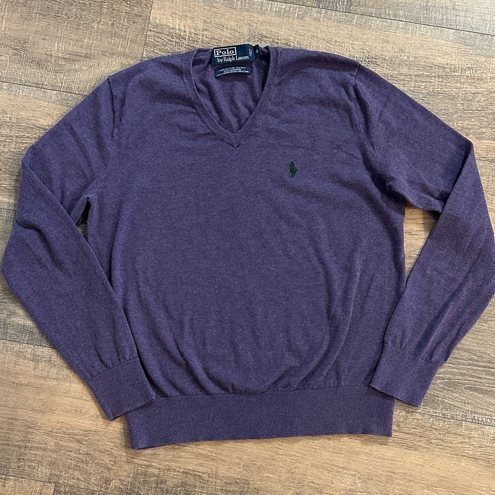 Polo Ralph Lauren Men's Cotton - Cashmere - Silk Purple V-Neck Sweater